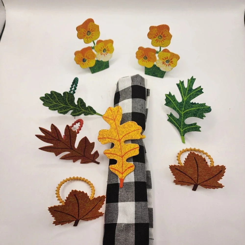 Set Of 8 Fall Leaves Flowers Metal Napkin Ring Holders Hand Painted Thanksgiving